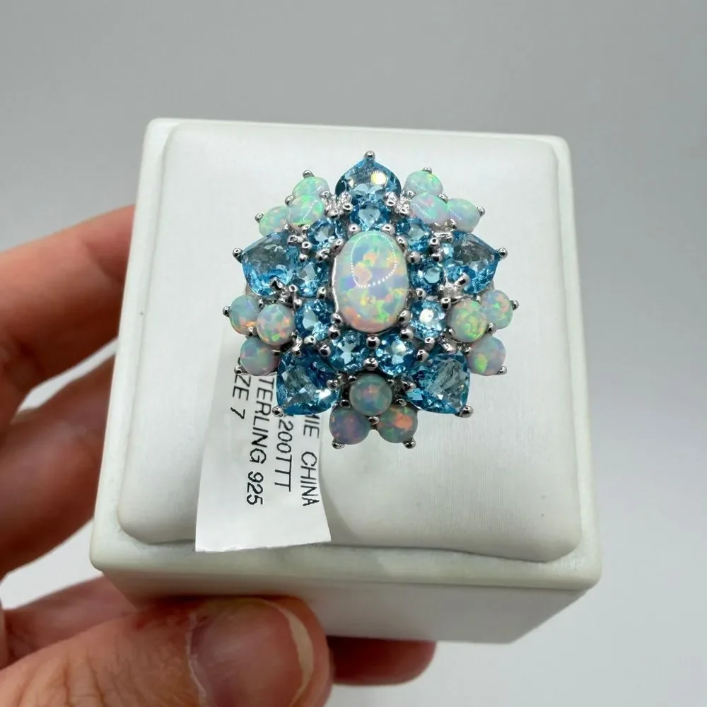 NWT Lab created‎ Opal, genuine blue topaz STATEMENT ring in sterling silver!